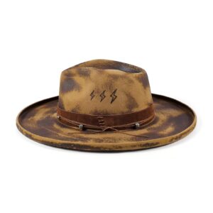 RUEDIGER Pencil Brim Fedora Hat Mens Women Wide Brim Vintage Fedoras 100% Wool Felt Panama Rancher Hat with Lightning Logo Distressed/Burned Handmade