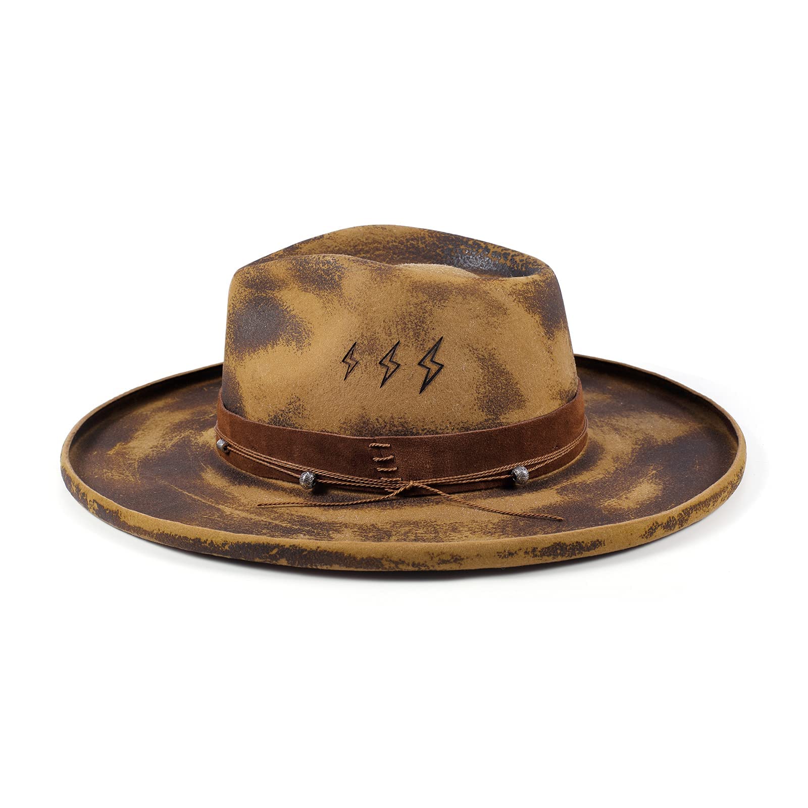 RUEDIGER Pencil Brim Fedora Hat Mens Women Wide Brim Vintage Fedoras 100% Wool Felt Panama Rancher Hat with Lightning Logo Distressed/Burned Handmade