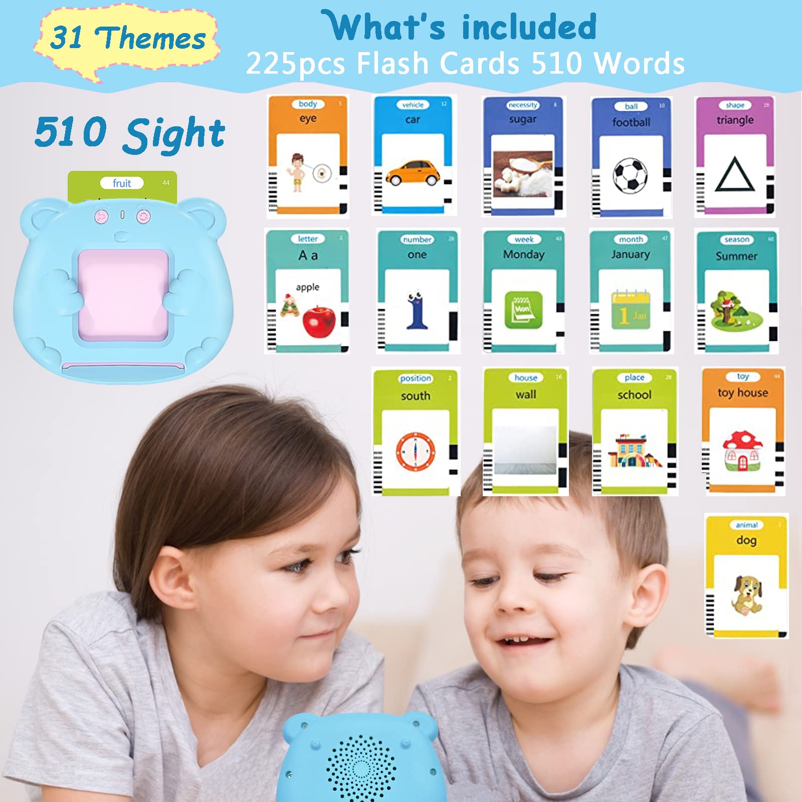 Talking Flash Cards Educational Toys for 1-6 Years Old Boys Girls, Toddlers Learning Toys Electronic Interactive Toys, Preschool Montessori Toys Christmas Birthday Gift(510 Words New Blue)