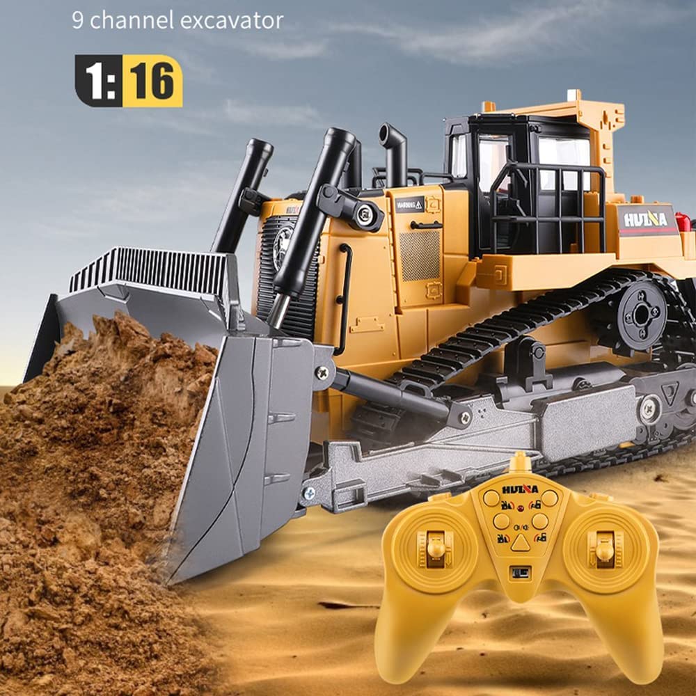 QIYHBVR Remote Control Bulldozer RC 1/16 Full Functional Construction Vehicle, 2.4Ghz 9 Channel Dozer Front Loader Toy with Light and Sound for Kids Age 6, 7, 8, 9, 10 and Up Years Old