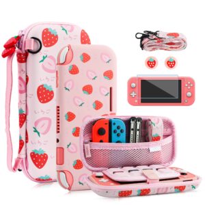 fanpl case for nintendo switch lite, cute pink strawberry carrying case bundle for switch lite accessories with soft tpu cover, adjustable strap, screen protector, thumb grip caps