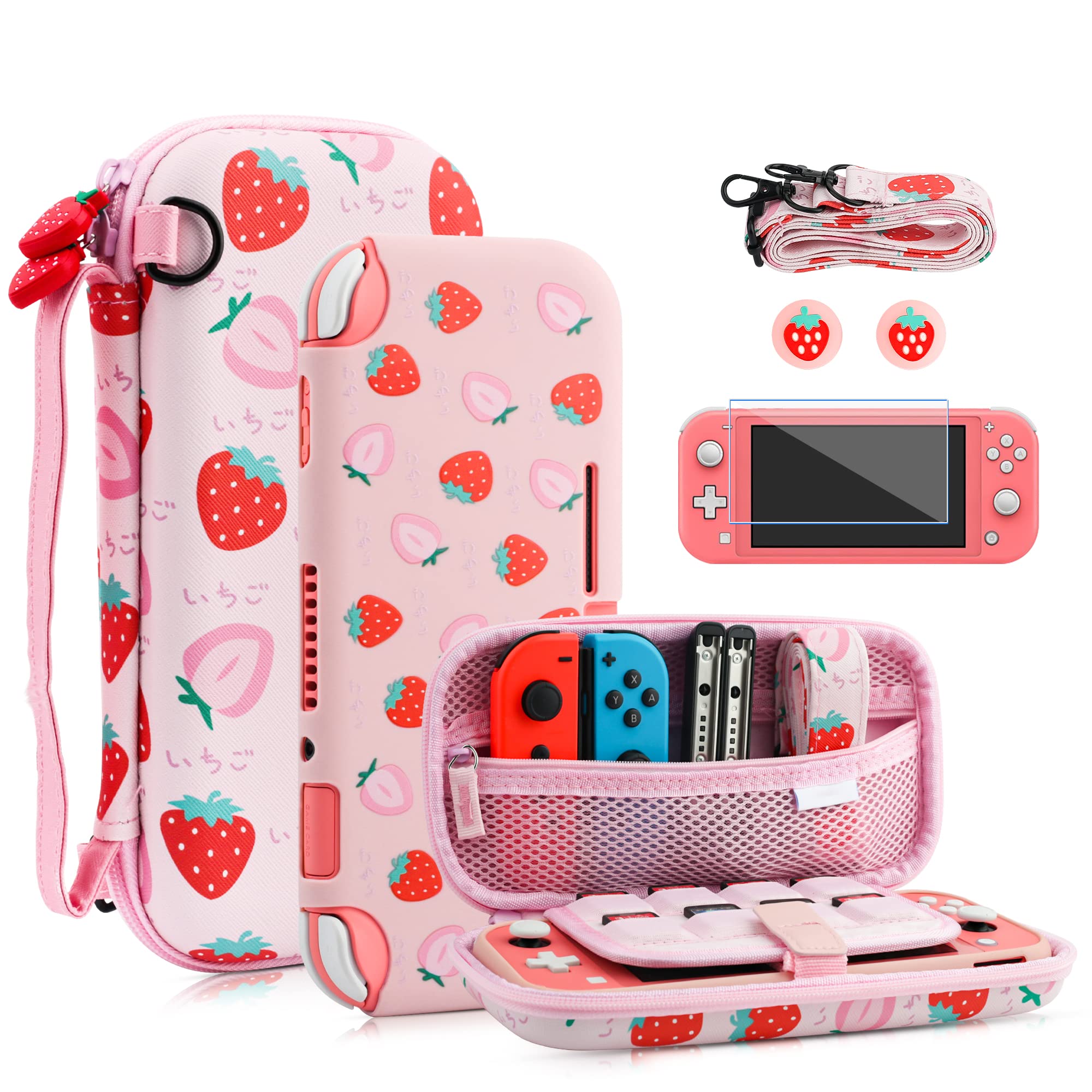 FANPL Case for Nintendo Switch Lite, Cute Pink Strawberry Carrying Case Bundle for Switch Lite Accessories with Soft TPU cover, Adjustable Strap, Screen Protector, Thumb Grip Caps