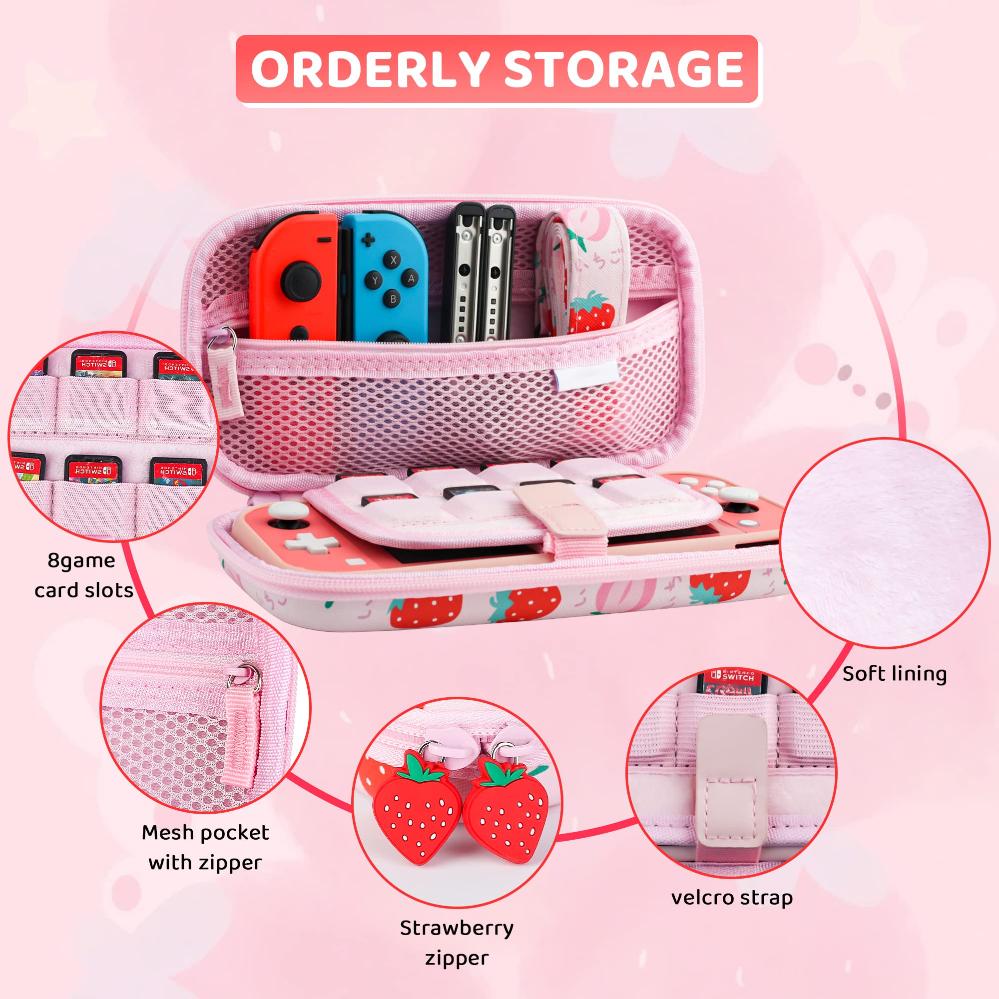 RHOTALL Carrying Case for Nintendo Switch Lite, Cute Case Cover Accessories Bundle for Switch Lite with TPU Protective Shell, Adjustable Shoulder Strap, Screen Protector and 2 Thumb Caps - Strawberry