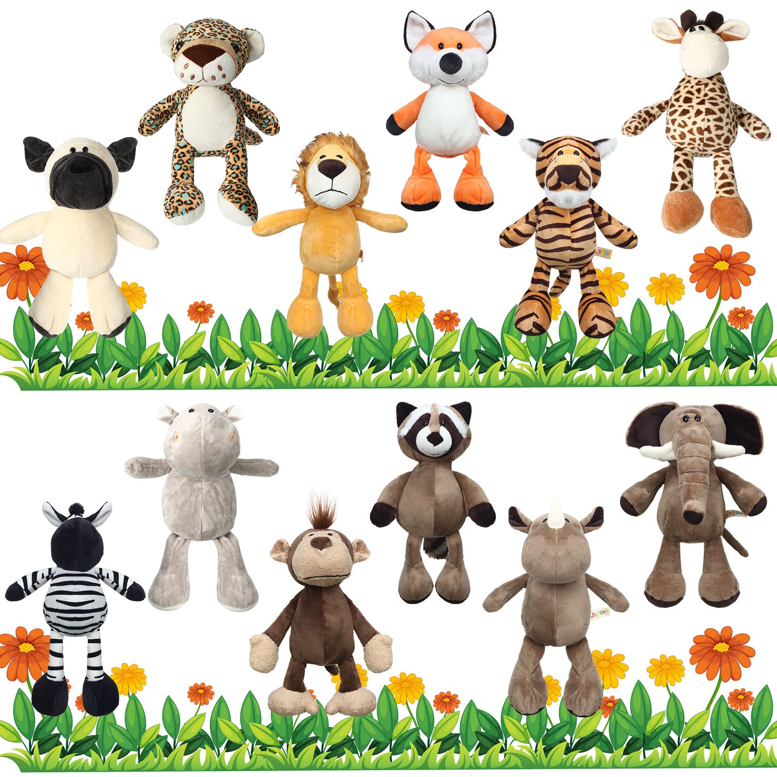 12 Pieces Safari Stuffed Animals Cute 9.9 Inch Plush Jungle Animal Toys Set Includes Tiger Lion Elephant Monkey Shar Pei Giraffe Stuffed Animals Bulk for Zoo Animal Theme Party