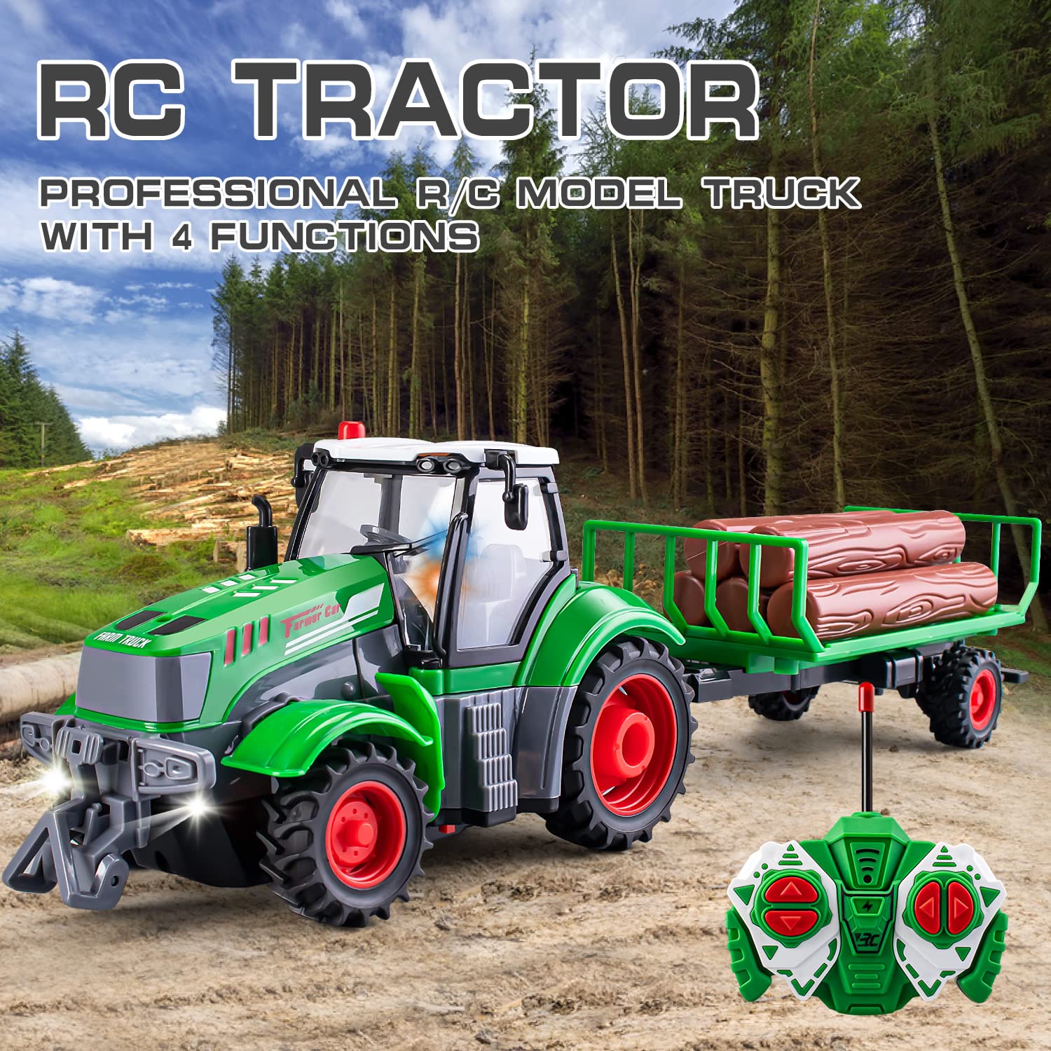 TICTTGA Gift for 5 Year Old boy Kids Remote Control Truck Toddler Farm Toys for Boys Age 4-7 Kids Remote Control Tractor for Boys 4-7 1/24 Scale Log Trailer