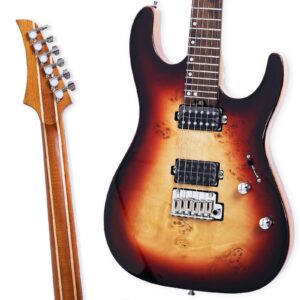 Boya&Ziqi BZK-024 Electric Guitar, Stainless Steel Frets (Hand Polished), Push-Pull Volume Control,5 Piece Roasted Maple/Maple Neck，Mahogany Body Topped with Burl Venner (Hot Magma, Right)