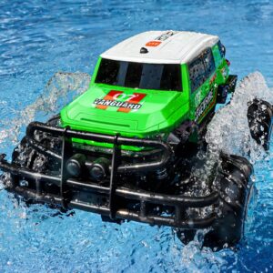 ruko 1601amp2 amphibious remote control car, 1:10 rc car toys for boys, ipx6 waterproof monster truck with lights for all terrain, 2 rechargeable batteries, gifts for kids (green)