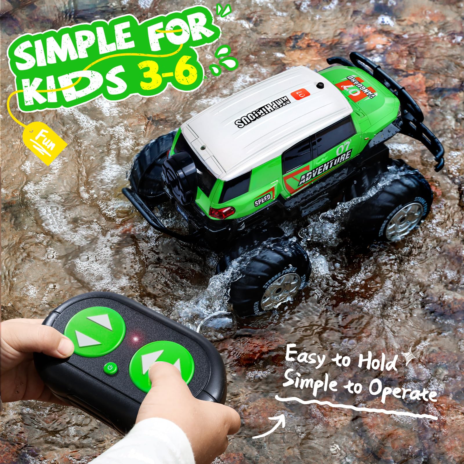 Ruko 1601AMP2 Amphibious Remote Control Car, 1:10 RC Car Toys for Boys, IPX6 Waterproof Monster Truck with Lights for All Terrain, 2 Rechargeable Batteries, Gifts for Kids (Green)