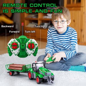 TICTTGA Gift for 5 Year Old boy Kids Remote Control Truck Toddler Farm Toys for Boys Age 4-7 Kids Remote Control Tractor for Boys 4-7 1/24 Scale Log Trailer