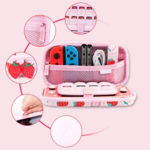 GLDRAM Strawberry Case for Nintendo Switch Lite, Pink Cute Travel Carrying Case for Switch Lite Accessories Bundle with Soft Protective Cover, Screen Protector, Thumb Caps & Shoulder Strap for Girls