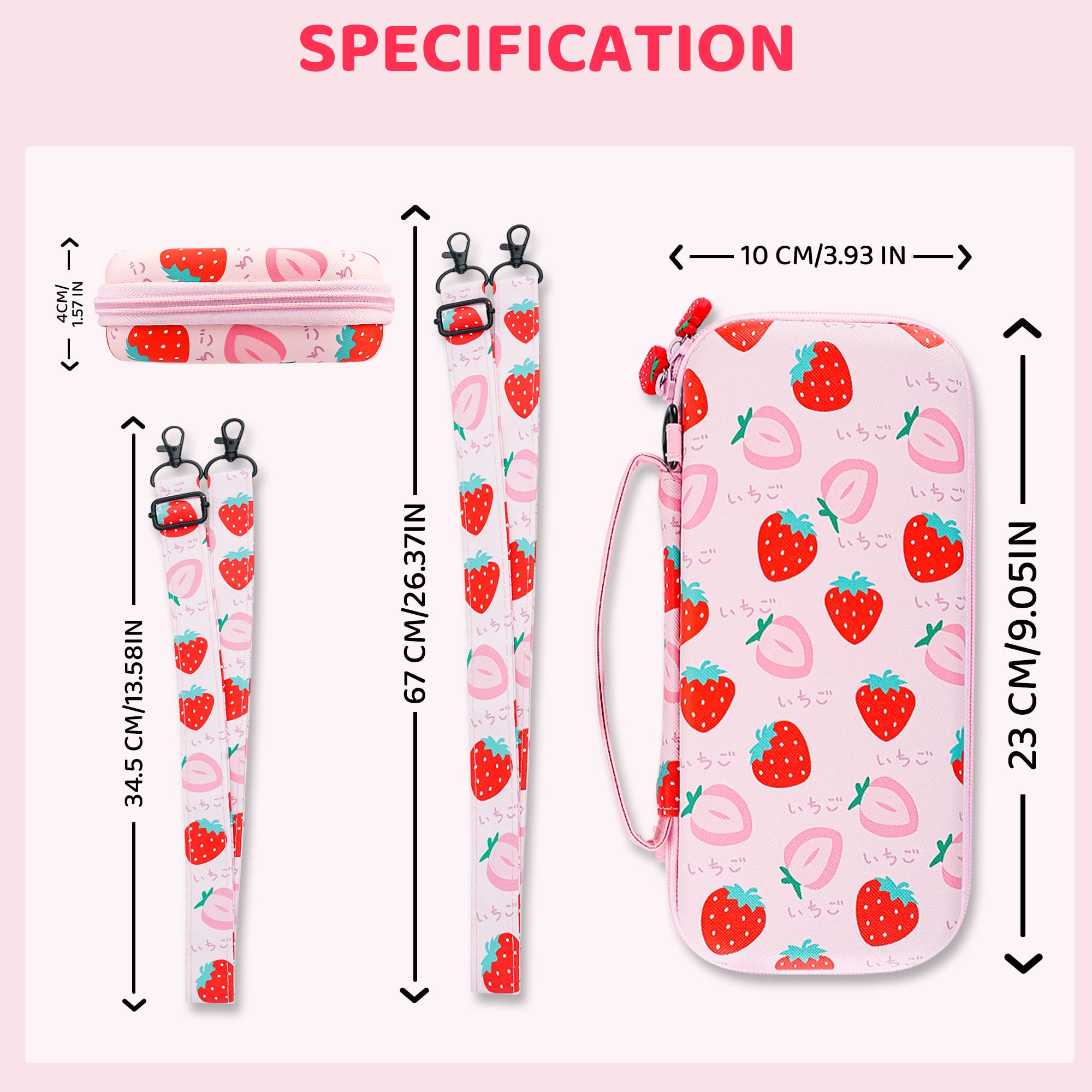 GLDRAM Strawberry Case for Nintendo Switch Lite, Pink Cute Travel Carrying Case for Switch Lite Accessories Bundle with Soft Protective Cover, Screen Protector, Thumb Caps & Shoulder Strap for Girls