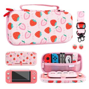 fundiary pink carrying case for nintendo switch lite accessories, travel case bundle for switch lite with soft tpu cover, adjustable shoulder strap, screen protector and 2 thumb caps - strawberry