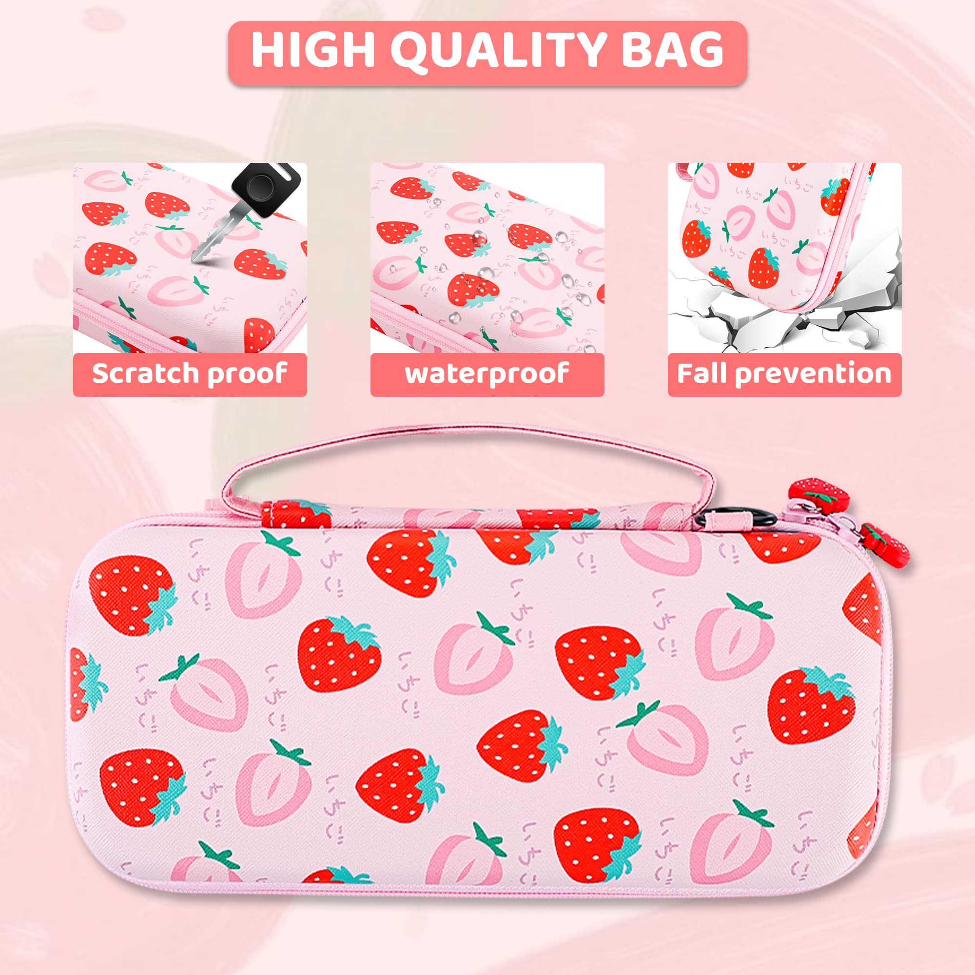 FUNDIARY Pink Carrying Case for Nintendo Switch Lite Accessories, Travel Case Bundle for Switch Lite with Soft TPU Cover, Adjustable Shoulder Strap, Screen Protector and 2 Thumb Caps - Strawberry