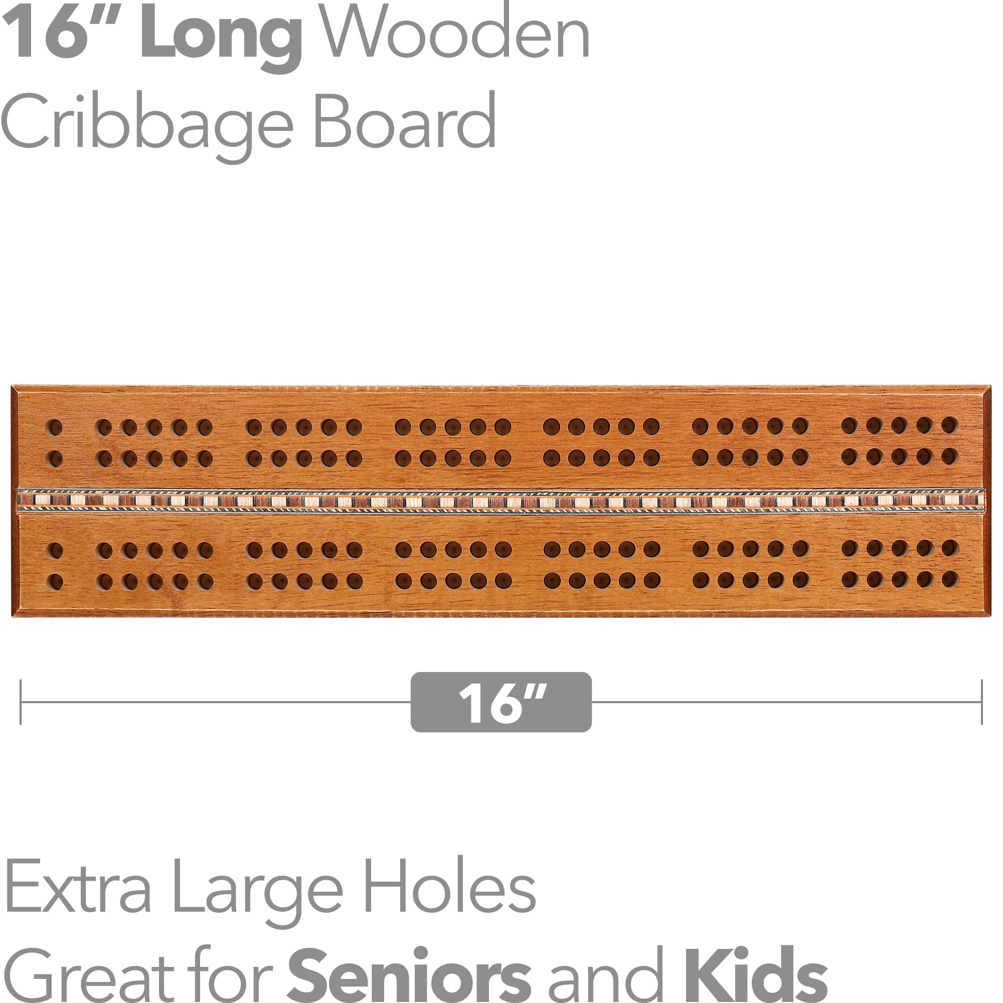 Sterling Games Extra Large Extra Long Cribbage 16" Wooden Game Board 2 Persons Double Track Board with 1/4" Holes and Italian Inlaid, Large Wooden Pegs Great for Seniors and Children