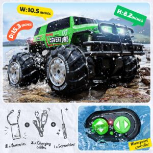 Ruko 1601AMP2 Amphibious Remote Control Car, 1:10 RC Car Toys for Boys, IPX6 Waterproof Monster Truck with Lights for All Terrain, 2 Rechargeable Batteries, Gifts for Kids (Green)