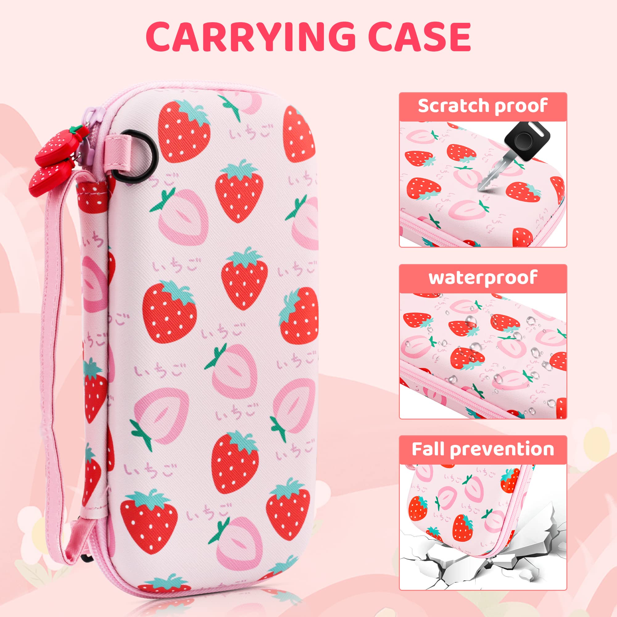 FANPL Case for Nintendo Switch Lite, Cute Pink Strawberry Carrying Case Bundle for Switch Lite Accessories with Soft TPU cover, Adjustable Strap, Screen Protector, Thumb Grip Caps