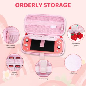 FANPL Case for Nintendo Switch Lite, Cute Pink Strawberry Carrying Case Bundle for Switch Lite Accessories with Soft TPU cover, Adjustable Strap, Screen Protector, Thumb Grip Caps