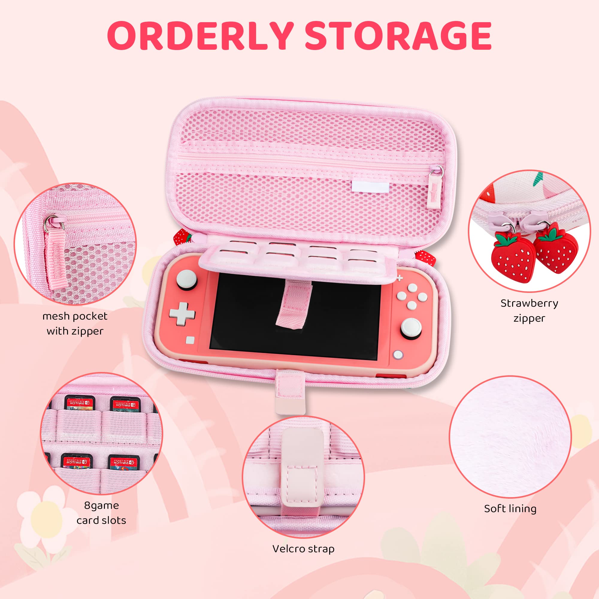 FANPL Case for Nintendo Switch Lite, Cute Pink Strawberry Carrying Case Bundle for Switch Lite Accessories with Soft TPU cover, Adjustable Strap, Screen Protector, Thumb Grip Caps