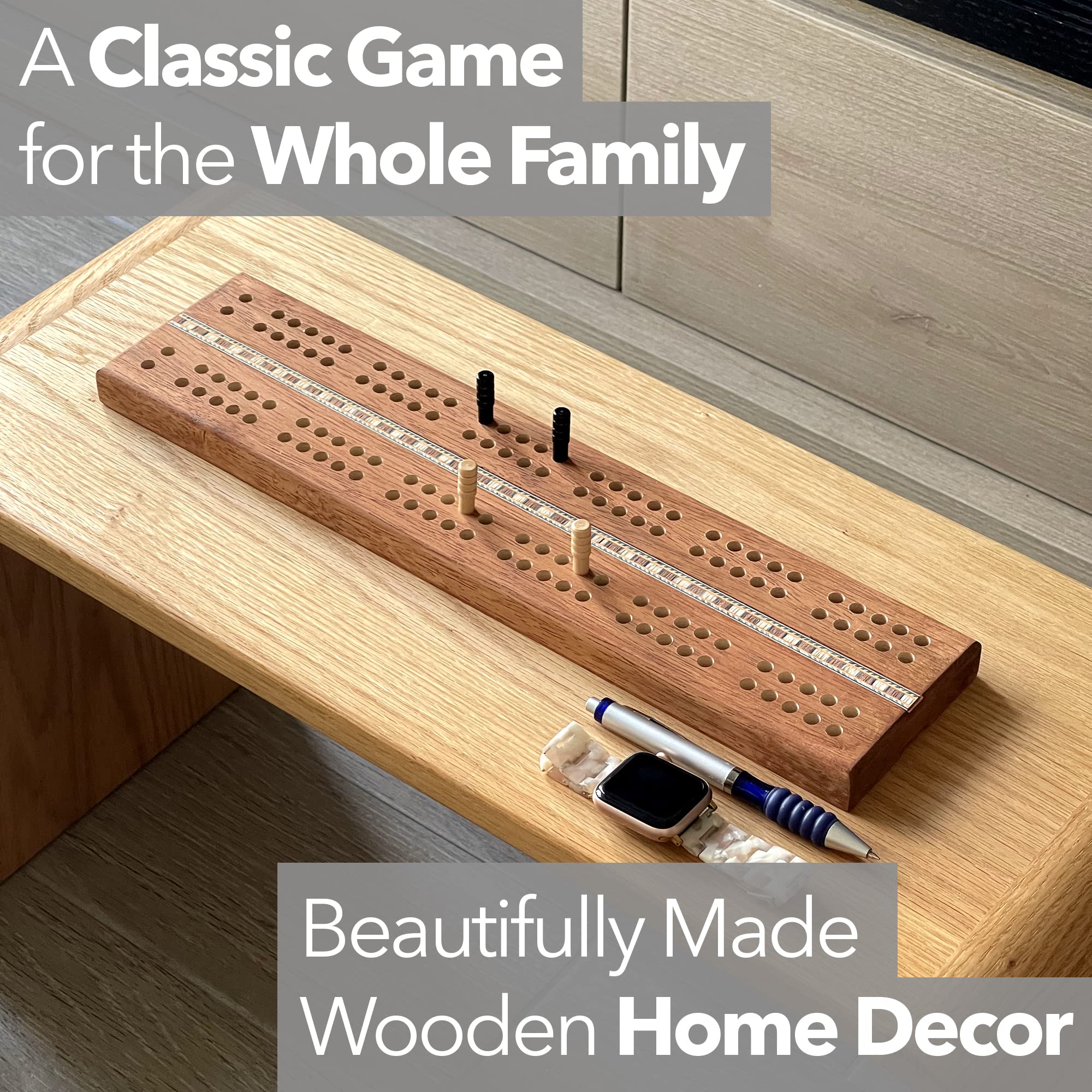 Sterling Games Extra Large Extra Long Cribbage 16" Wooden Game Board 2 Persons Double Track Board with 1/4" Holes and Italian Inlaid, Large Wooden Pegs Great for Seniors and Children