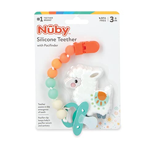 Nuby All Silicone Teether with Bonus Silicone Pacifinder with Clip - 3+ Months, 1pk, Assorted Neutral Designs