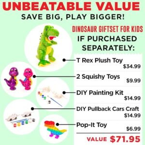 STEM-Accredited Dinosaur Giftset - A Surprise Gift for Boys Complete w/T-Rex Dinosaur Plush, Dinosaur Pullback Cars, Dinosaur Painting Kit, Squishies, Pop It & More