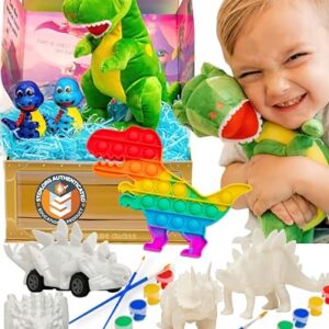 STEM-Accredited Dinosaur Giftset - A Surprise Gift for Boys Complete w/T-Rex Dinosaur Plush, Dinosaur Pullback Cars, Dinosaur Painting Kit, Squishies, Pop It & More