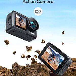 iZEEKER Action Camera 4K 24MP with Touchscreen, 40M Underwater Camera Waterproof, Dual Screen Vlog Camera with EIS3.0, WiFi, Remote Control with 2X 1350mAh Batteries,Charger and Accessory Kit-iA800