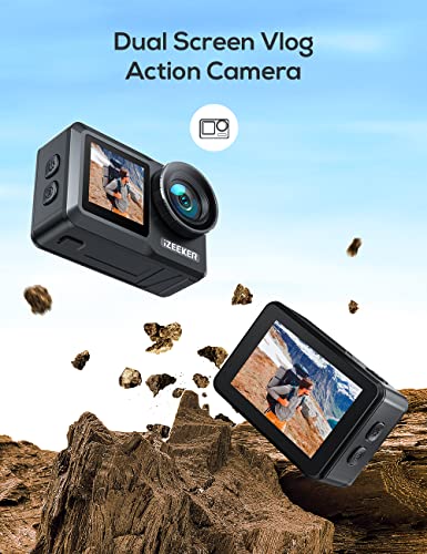 iZEEKER Action Camera 4K 24MP with Touchscreen, 40M Underwater Camera Waterproof, Dual Screen Vlog Camera with EIS3.0, WiFi, Remote Control with 2X 1350mAh Batteries,Charger and Accessory Kit-iA800