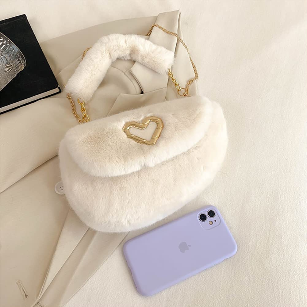 Fashion Plush Crossbody Bag For Women, Saddle Purse Wallet, Faux Fur Soft Handbag for Winter, Lovely Heart Shoulder Chain Bag (White)