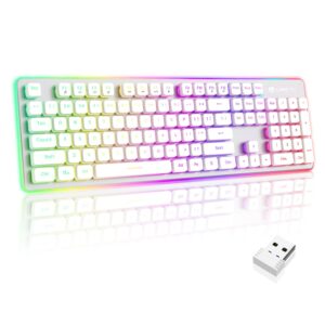 langtu w1 wireless gaming keyboard, rechargeable 2.4g rainbow backlit led keyboard with metal panel, 104 keys wireless computer keyboard for windows, laptop, desktop, office