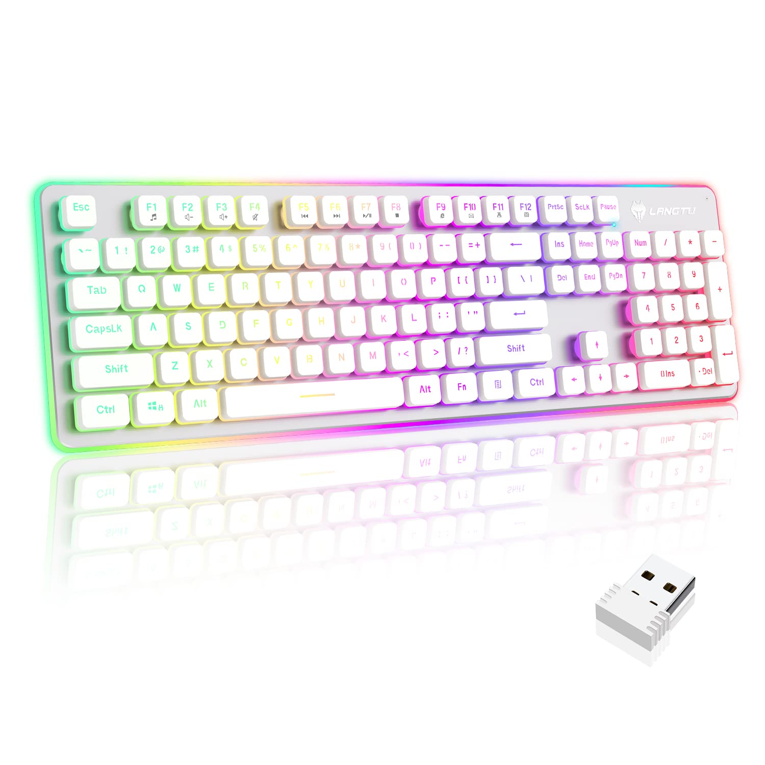 LANGTU W1 Wireless Gaming Keyboard, Rechargeable 2.4G Rainbow Backlit LED Keyboard with Metal Panel, 104 Keys Wireless Computer Keyboard for Windows, Laptop, Desktop, Office