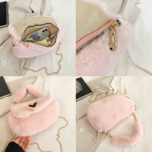 Fashion Plush Crossbody Bag For Women, Saddle Purse Wallet, Faux Fur Soft Handbag for Winter, Lovely Heart Shoulder Chain Bag (White)