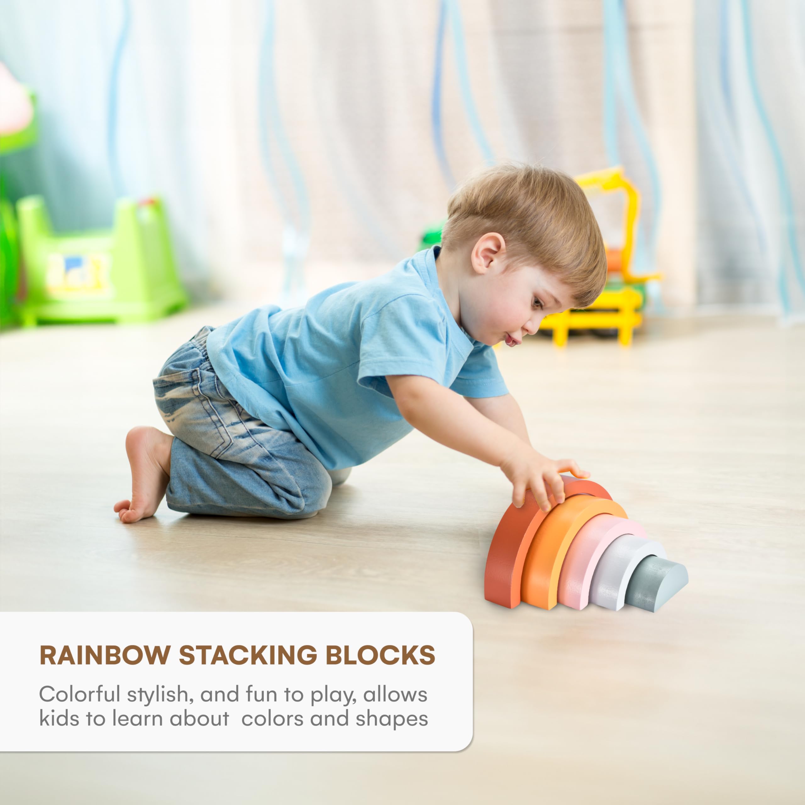 Wooden Rainbow Stacking Toy - Montessori Rainbow Nesting Puzzle - Building Block Stacker Game for Baby, Kids, and Toddler - Educational and Interactive toys - Non-toxic Sensory Learning Gift