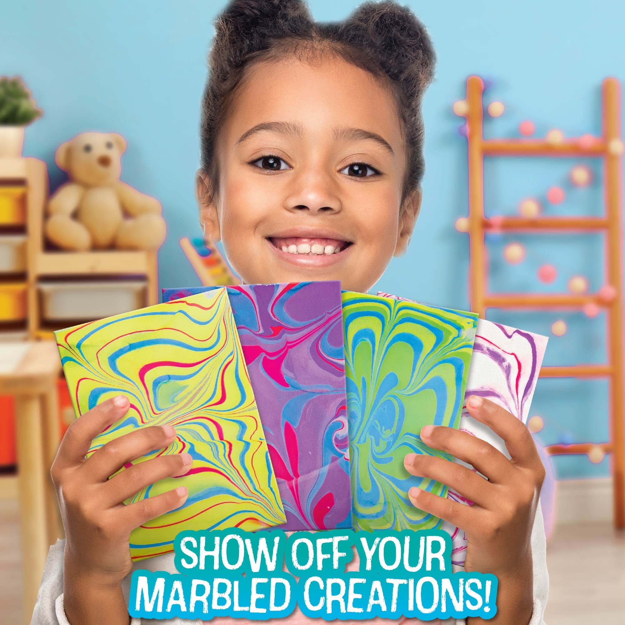 Made By Me Marbling Paint Studio, 25-Piece Marbling Kit for Kids, Make 10 Pour Paint Art Projects, Dip & Paint Marbling Arts & Crafts Kits for Kids, Less Mess Pour Paint for Ages 6, 7, 8 & 9, Fun Gift