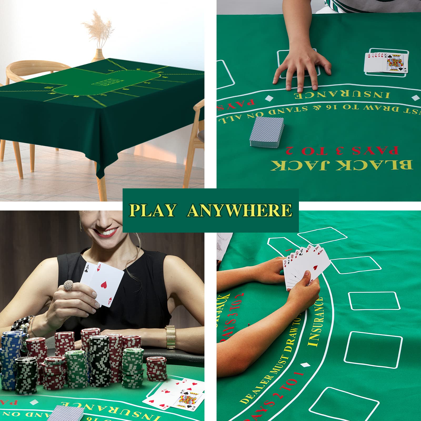 Poker Table Topper Blackjack Set – play Casino Games using the Texas Holdem Poker Set on Green Table Cloth or Black Jack Set on Green Felt Table Mat