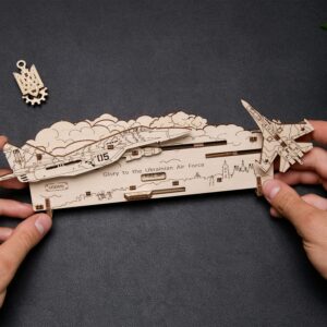 UGEARS Ghost of Kyiv Attacks 3D Wooden Puzzle - Wooden Mechanical Model Kit to Build - DIY Constructor with Gear Mechanism - Brain Teaser Building Set for Adults