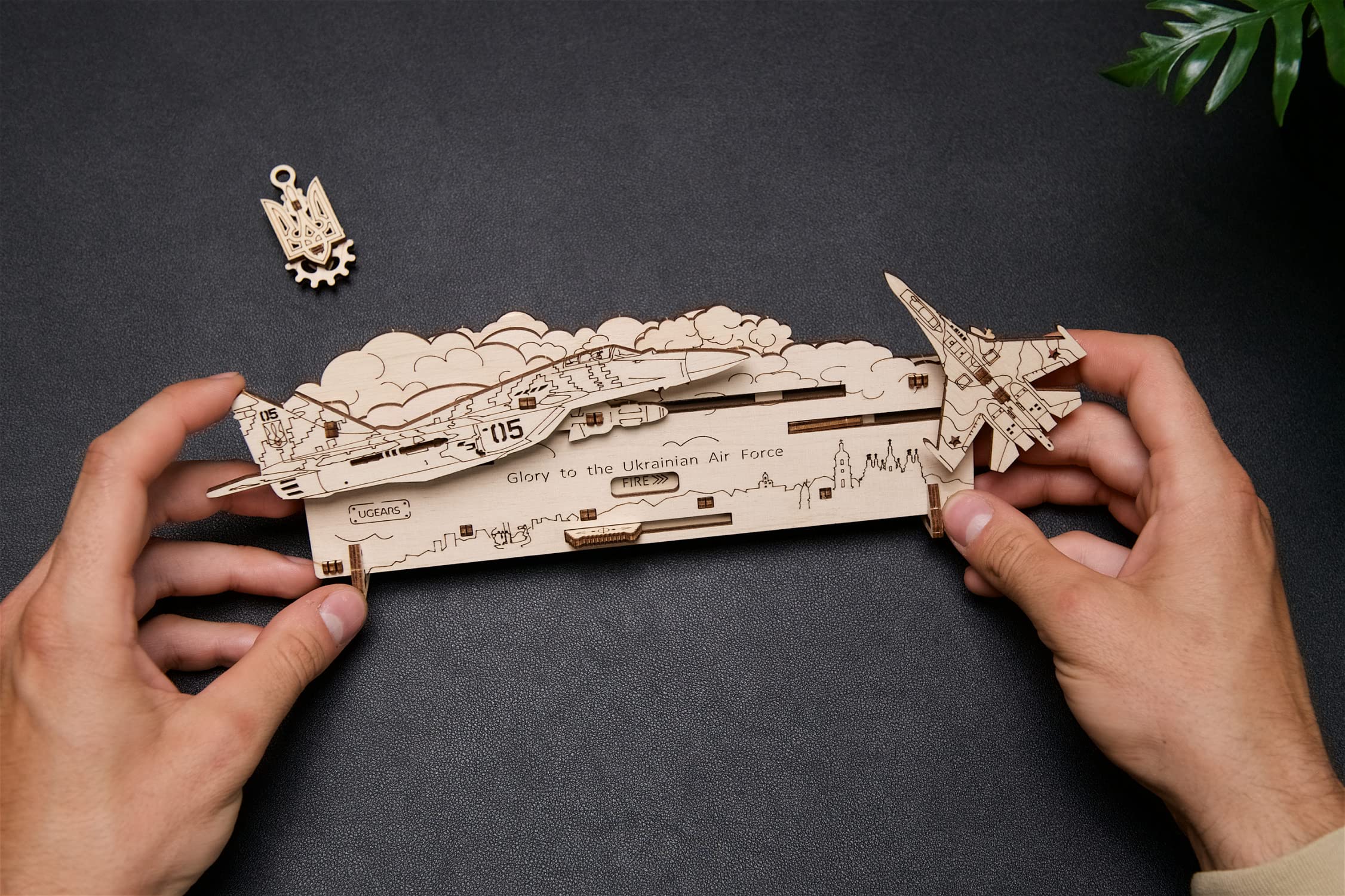 UGEARS Ghost of Kyiv Attacks 3D Wooden Puzzle - Wooden Mechanical Model Kit to Build - DIY Constructor with Gear Mechanism - Brain Teaser Building Set for Adults