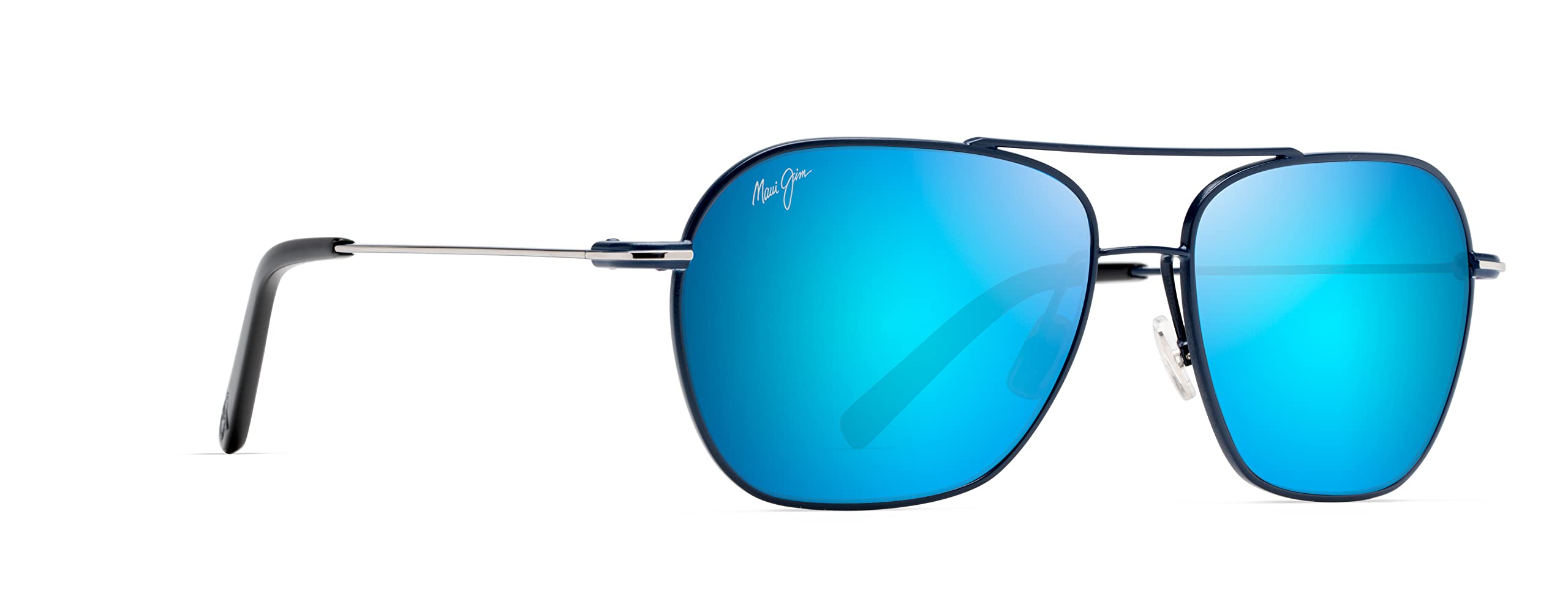 Maui Jim Men's and Women's Mano Polarized Aviator Sunglasses, Dark Navy w/Silver Stripe/Blue Hawaii, Medium