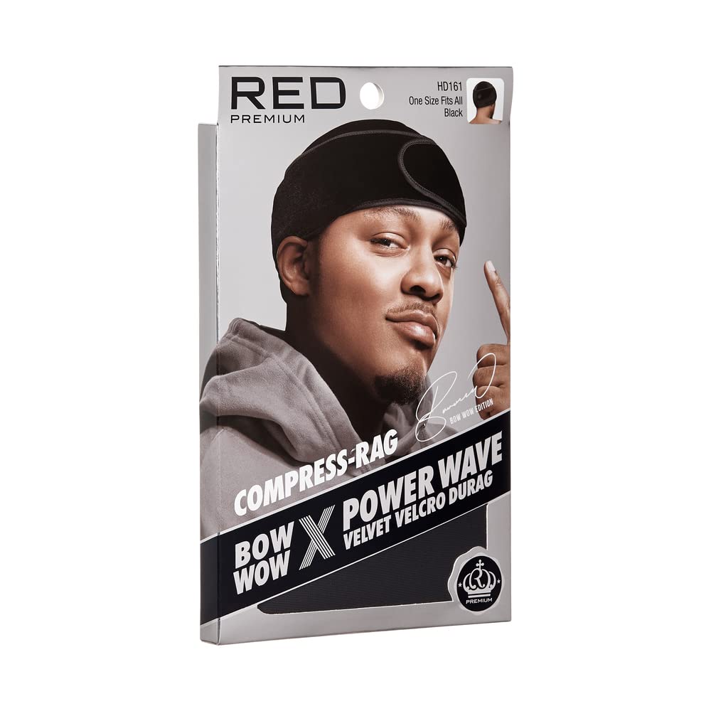 RED Premium Bow Wow X Power Wave Durag, 360 Wave Compression Cap for Men & Women, Adjustable Hook-and-Loop Strap, Stylish & Durable, Ideal for Locs, Braids, Finger Waves (Velvet - Black)