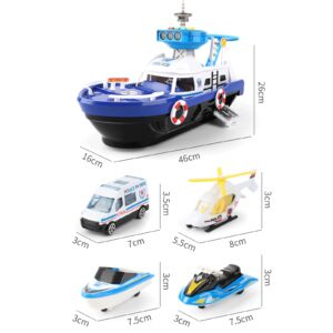 Ship Toy Set Boat Toys with Police Car and Mini Helicopter with Sound and Light Airplane Toys for Kids 4 5 6 Year (Blue)