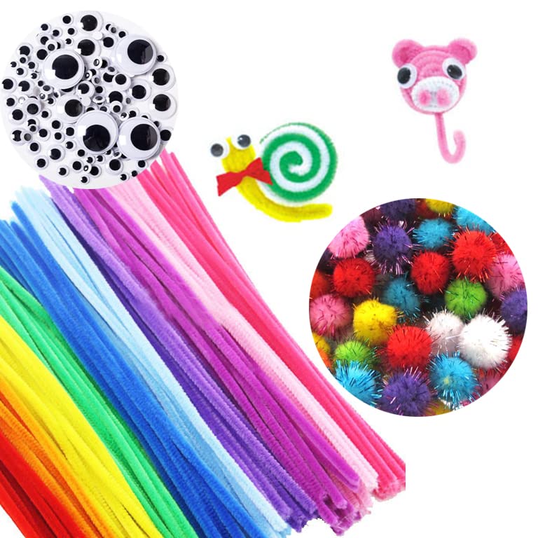 1200 Pcs Christmas Pipe Cleaners Craft Set, BetterJonny 10 Colors 200 Pcs Chenille Stems Pipe Cleaners, 200 Pcs Pom Poms & 800 Pcs Googly Eyes for Schools or kindergartens DIY Crafting Supplies