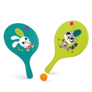 b. toys- bounce & play paddle set- sports & outdoor- paddle ball game – 2 colorful paddles & 1 ball – active play for kids, toddlers- 3 years +