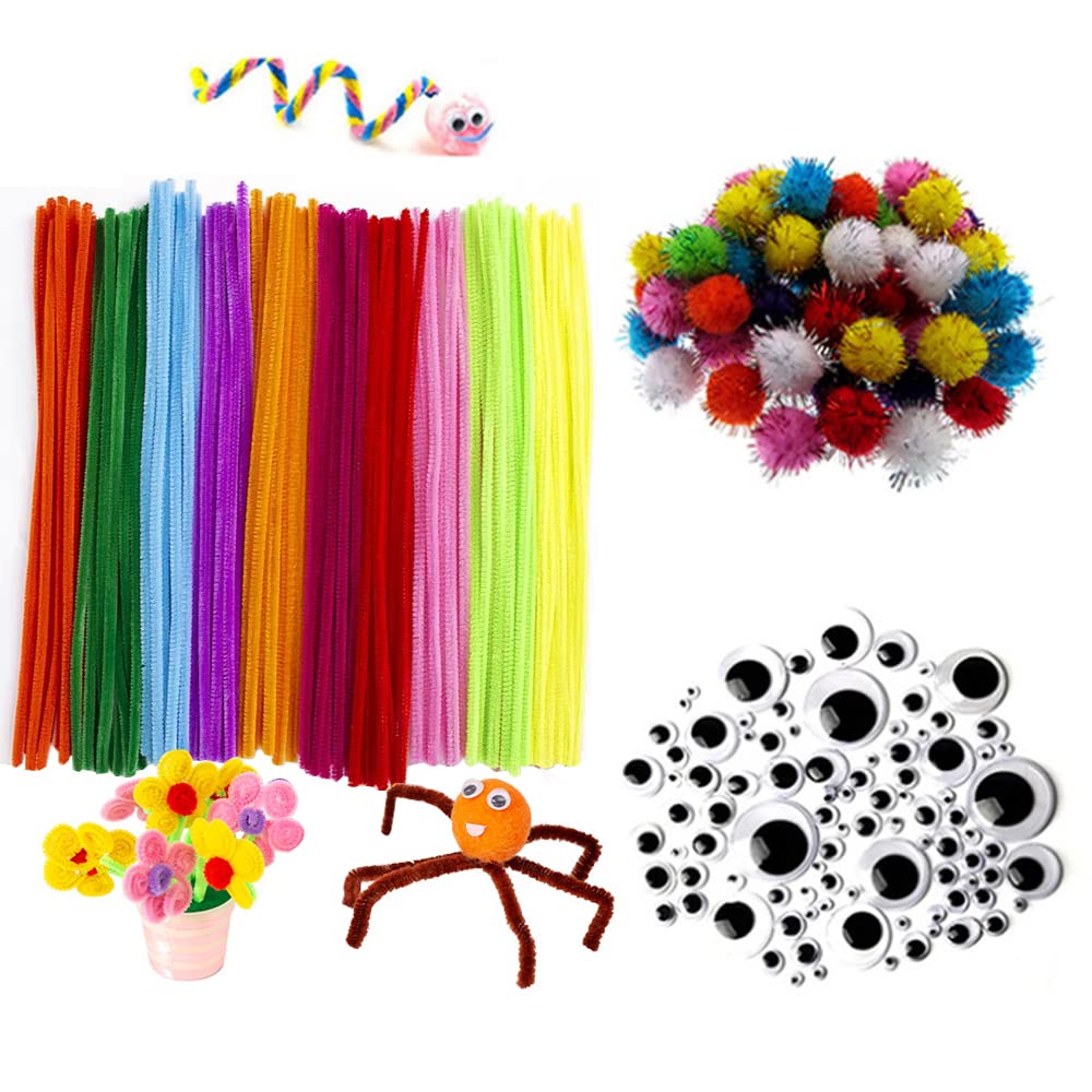 1200 Pcs Christmas Pipe Cleaners Craft Set, BetterJonny 10 Colors 200 Pcs Chenille Stems Pipe Cleaners, 200 Pcs Pom Poms & 800 Pcs Googly Eyes for Schools or kindergartens DIY Crafting Supplies