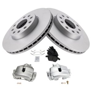 TRQ Front Brake Calipers Ceramic Pads Rotors Compatible with Beetle Golf Jetta Rabbit