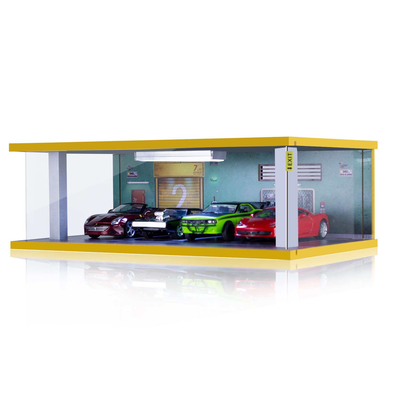 Display Case for 1/32 or 1/36 Diecast Cars, Acrylic Display Case for Toy Motorcyle with LED Lighting, 4P Green Wall