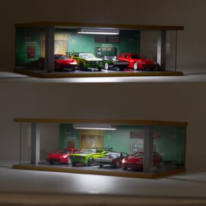 Display Case for 1/32 or 1/36 Diecast Cars, Acrylic Display Case for Toy Motorcyle with LED Lighting, 4P Green Wall