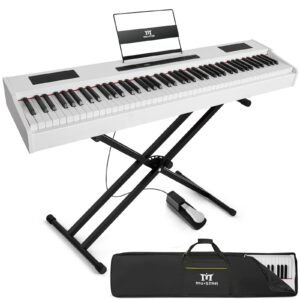 mustar digital piano 88 key weighted keyboard hammer action, mdp-1300 weighted keyboard piano with stand, full size electric piano keyboard with for beginners, portable case, sustain pedal, white