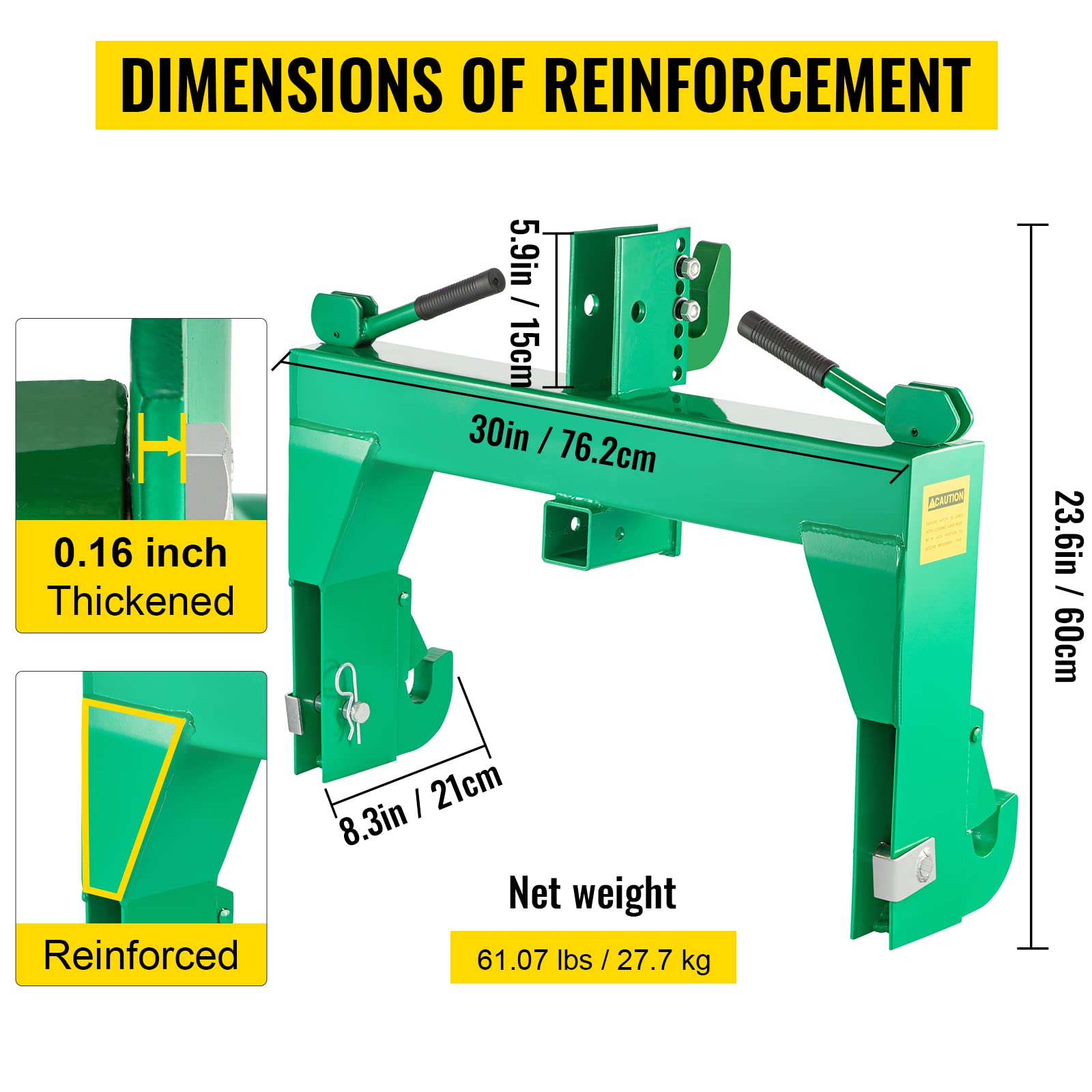 VEVOR 3-Point Quick Hitch, 3080 LBS Lifting Capacity Tractor Quick Hitch, 27.5" Between Lower Arms Attachments Quick Hitch, No Welding & 5 Level Adjustable Bolt, Adaptation to Category 1 & 2 Tractors