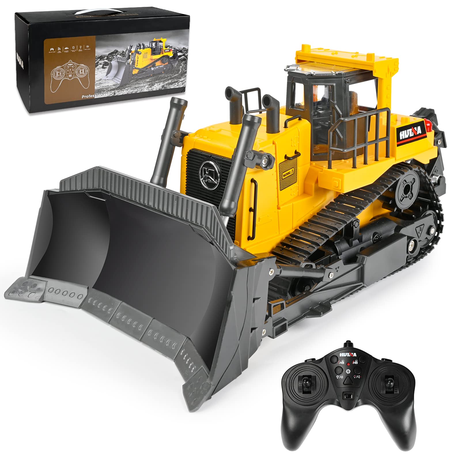 KidsFaves 11 Channel Remote Control Bulldozer, 1/16 Scale 2.4Ghz Full Functional Construction Vehicle, Rc Bulldozer Toys with Lights and Sounds for 6 7 8 9 10+ Years Old