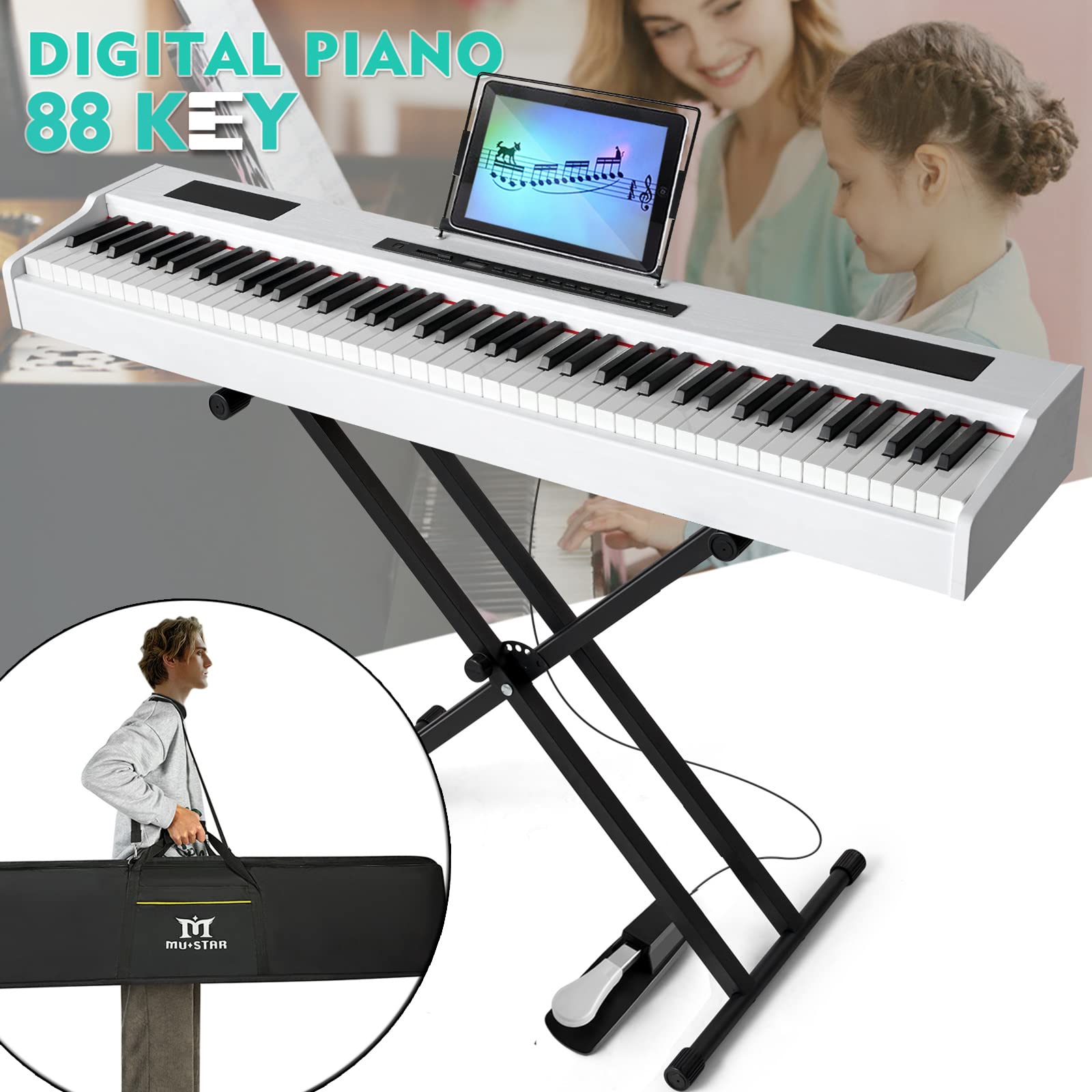 MUSTAR Digital Piano 88 Key Weighted Keyboard Hammer Action, MDP-1300 Weighted Keyboard Piano with Stand, Full Size Electric Piano Keyboard with for Beginners, Portable Case, Sustain Pedal, White